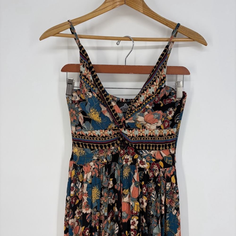 Angie Boho Tiered Maxi Dress M Long Cutout Smocked Fairy Hippie Festival Floral